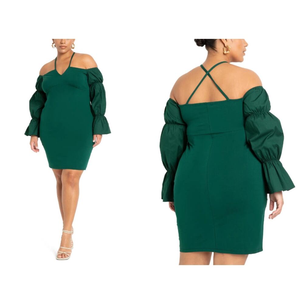 Eloquii Green Eden Off the Shoulder Long Sleeve Stretch Sheath‎ Dress Plus 22W